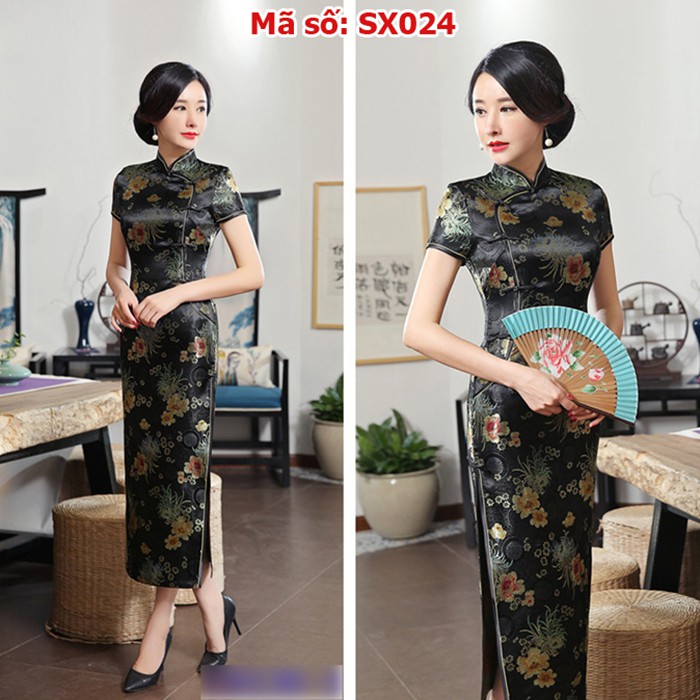 Sườn xám gấm hoa nền đen cổ tàu dáng dài sang trọng