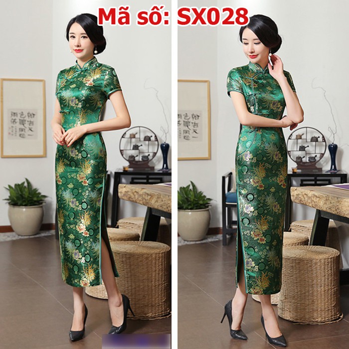 Sườn xám gấm hoa xanh rêu cổ tàu sang trọng