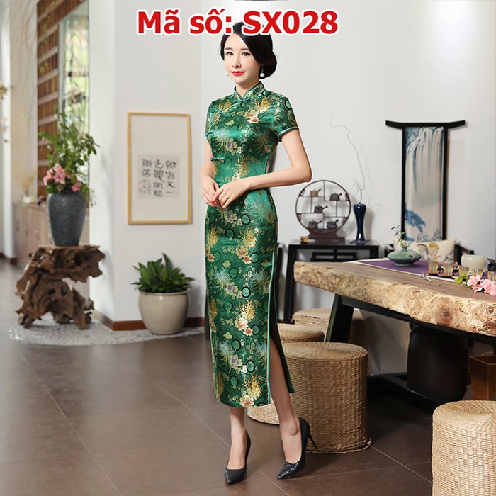 SX028 ĐẦM SƯỜN XÁM DÁNG DÀI CỔ TÀU NỀN XANH LÁ HỌA TIẾT HOA-3