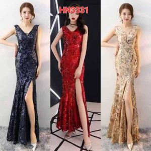 HN3331 ĐẦM MAXI DẠ HỘI REN PHỐI LƯỚI ĐUÔI CÁ XẺ ĐÙI ĐÍNH KIM SA